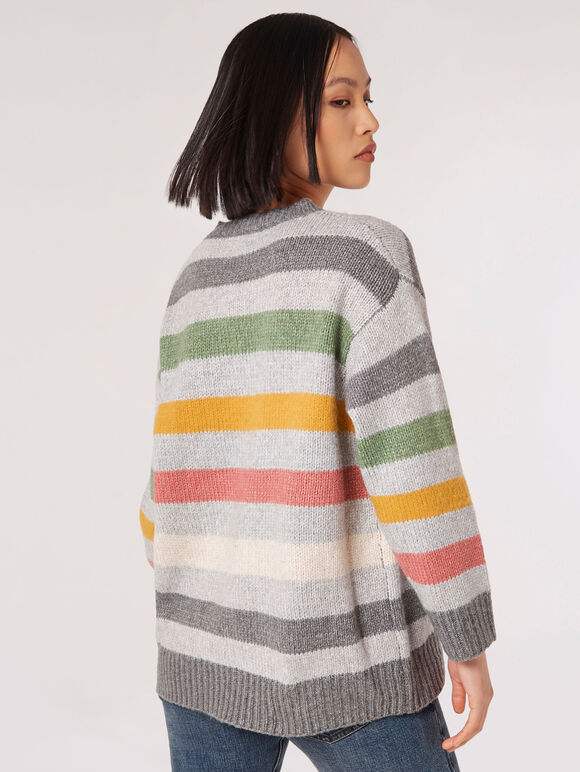 Übergroßer Pullover mit bunten Streifen, Grau, Größe L