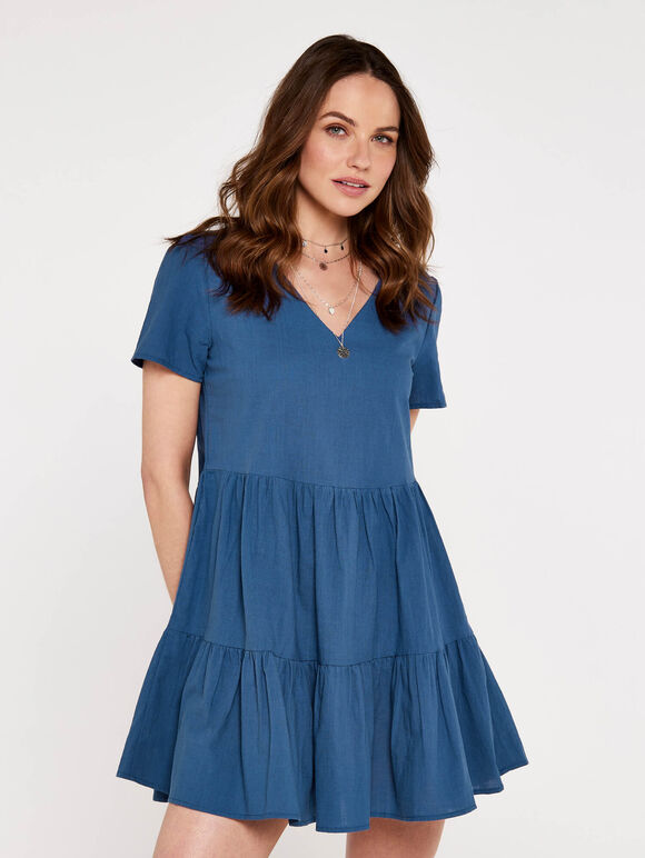 Cotton Neck Tiered Dress, Blue, large