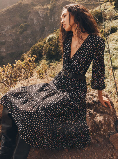 Polka Dot Chiffon Wrap Midi Dress