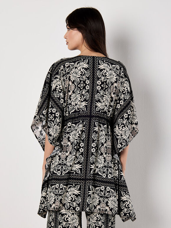 Scarf Print Kimono Mini Dress, Black, large