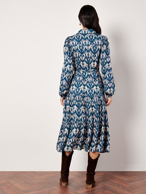 Ikat Tiered Shirt Midi Dress, Teal, large