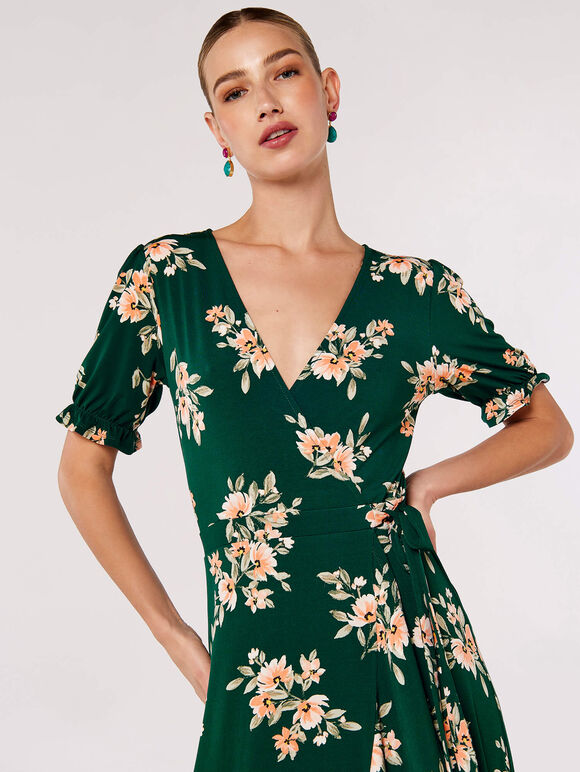 Floral Wrap Midi Dress, Green, large