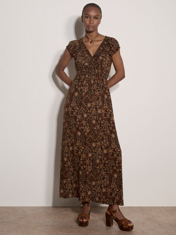 Batik Floral Smocked Maxi Dress, Brown, large