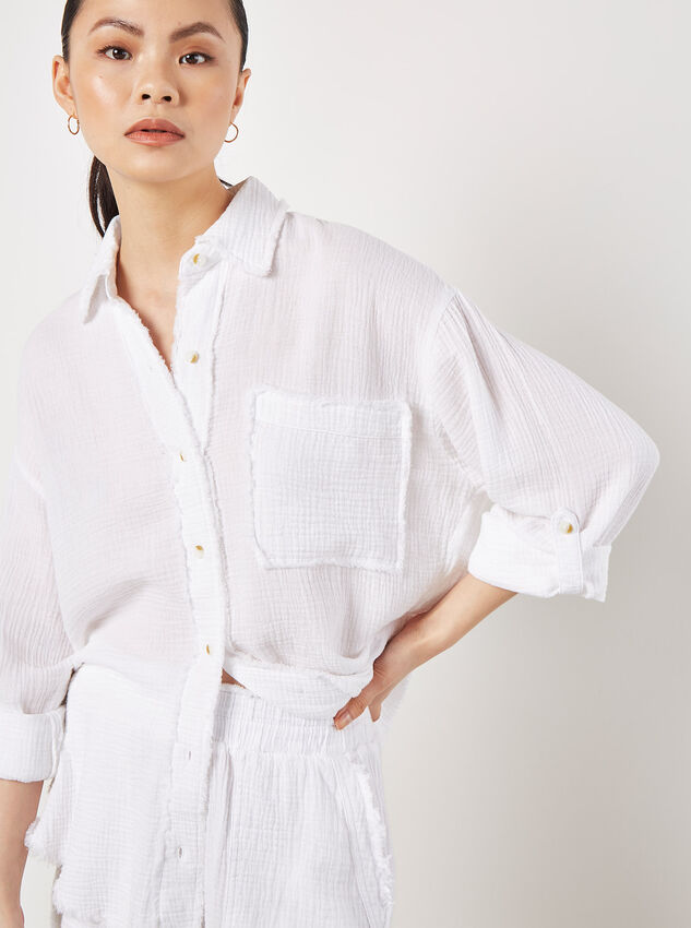Textured Cotton Oversized Shirt, White, large