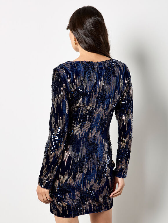 Mixed Sequin Velvet Bodycon Mini Dress, Navy, large