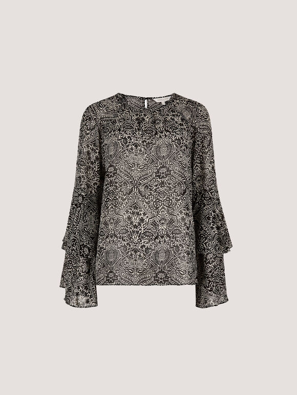 Paisley Print Ruffle Sleeve Blouse, Black, large