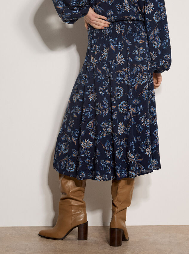 Folk Floral A-Line Midi Skirt, Navy, large