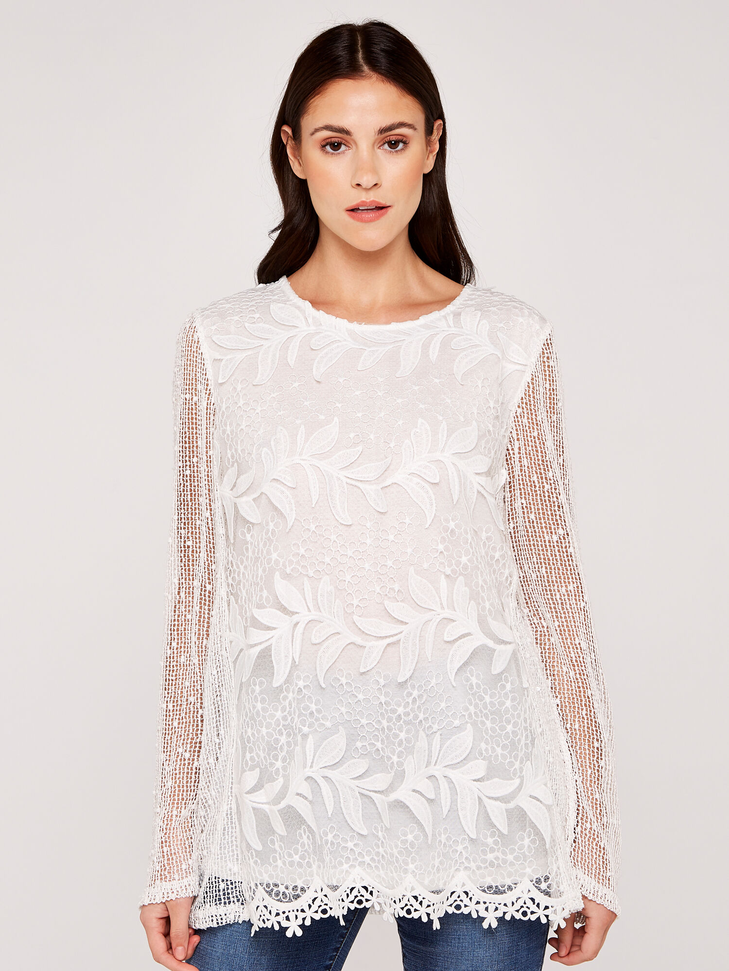 Lace Top with Mesh Sleeve Top Apricot Clothing