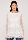 Lace Top with Mesh Sleeve Top, Cream, large
