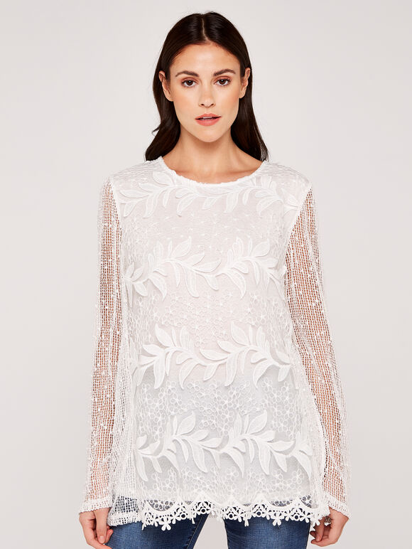 Lace Top with Mesh Sleeve Top, Cream, large