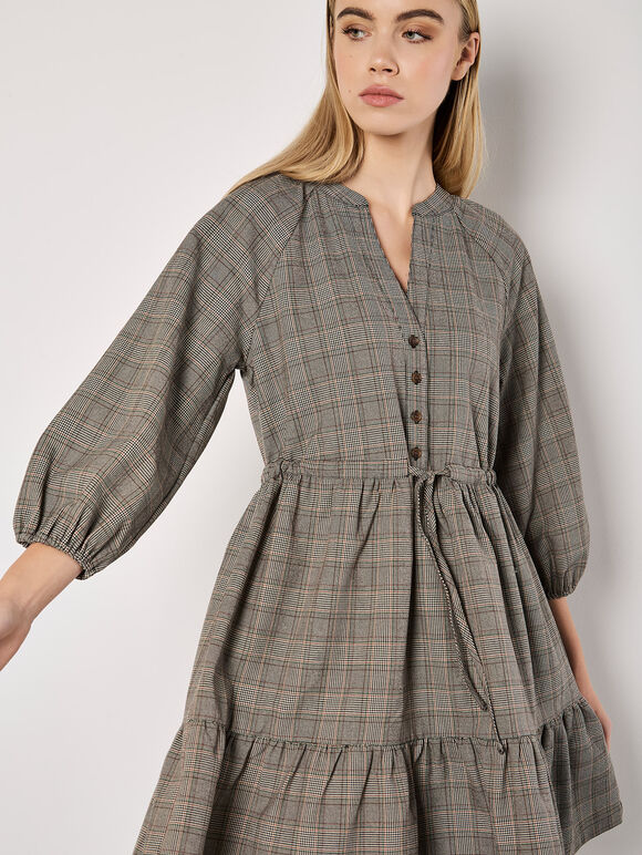 Heritage Check Ruffle Hem Mini Dress, Grey, large