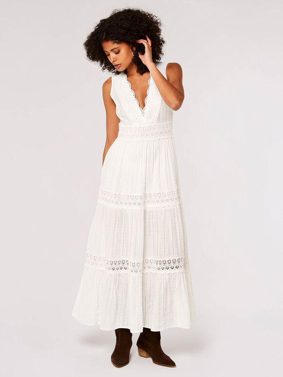 Dobby Crochet Tiered Maxi Dress, Cream, large