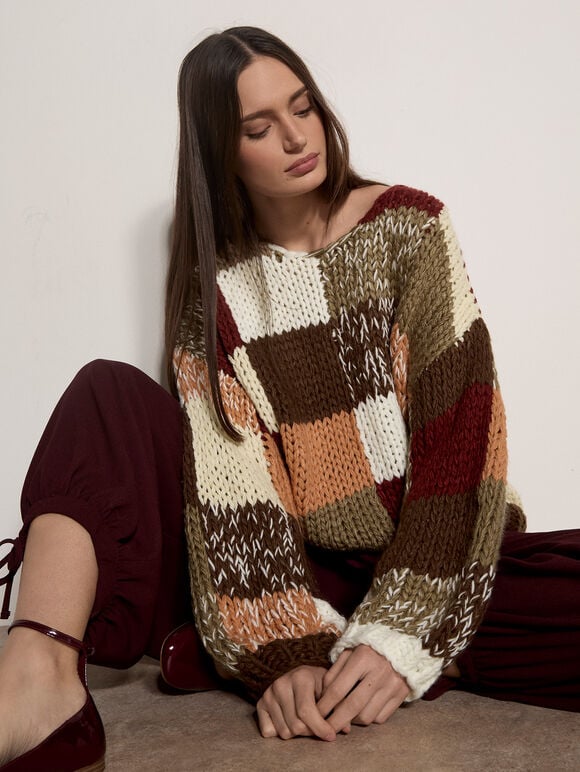 Chunky Hand-Crocheted Patchwork Jumper, Brown, large