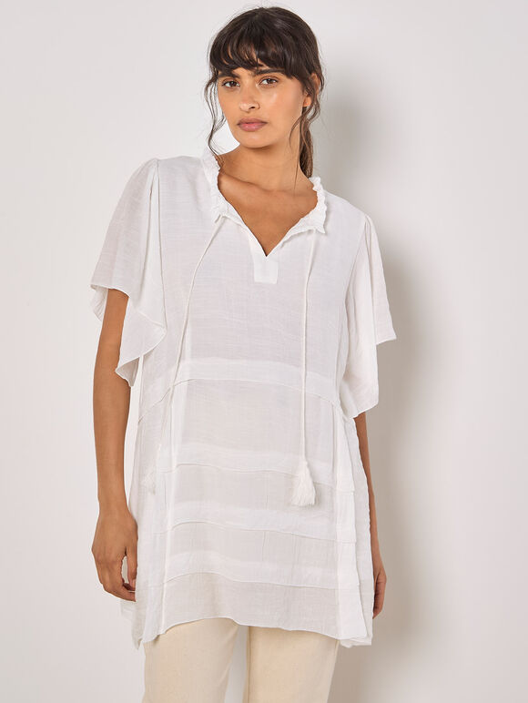 Ruffle Tiered Tunic Top, White, large