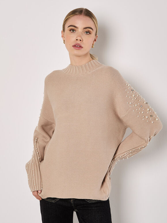Pearl Gemstone Embellished Jumper, Brown, large