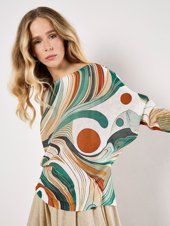 Swirl Print Shimmer Knit Top, Green, large