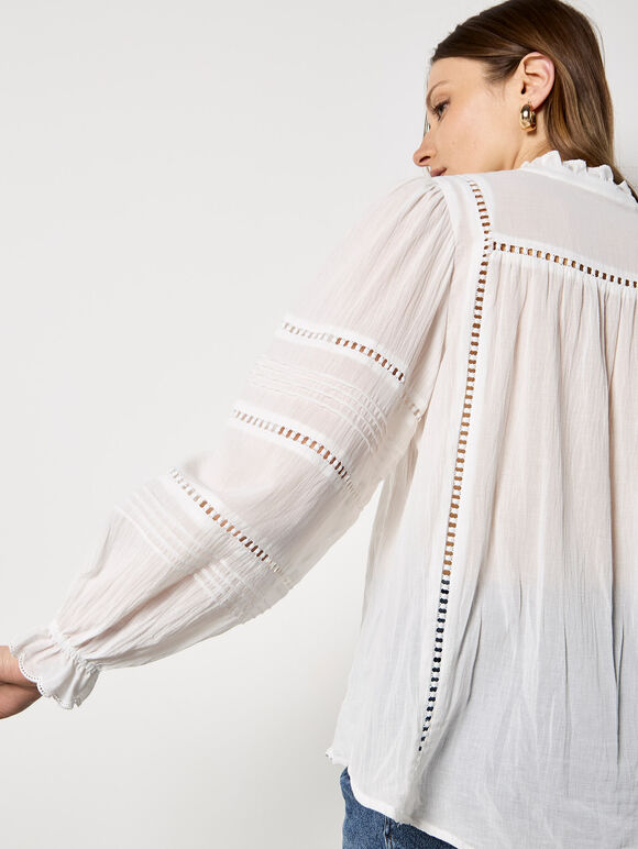 Lace Insert Ruffle Blouse, White, large