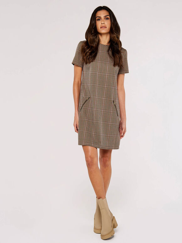 Checked Mini  Dress, Brown, large