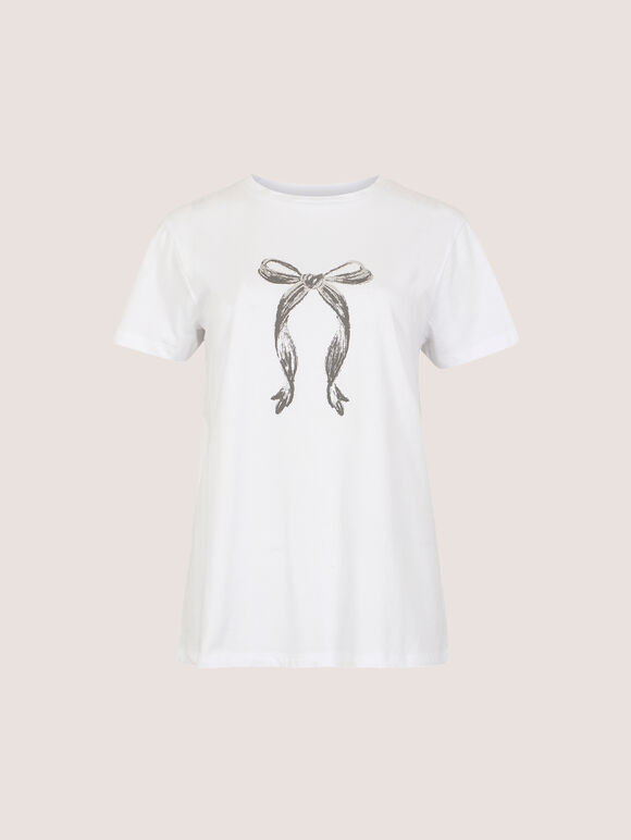 Metallic Bow Print Cotton T-Shirt, Silver, large