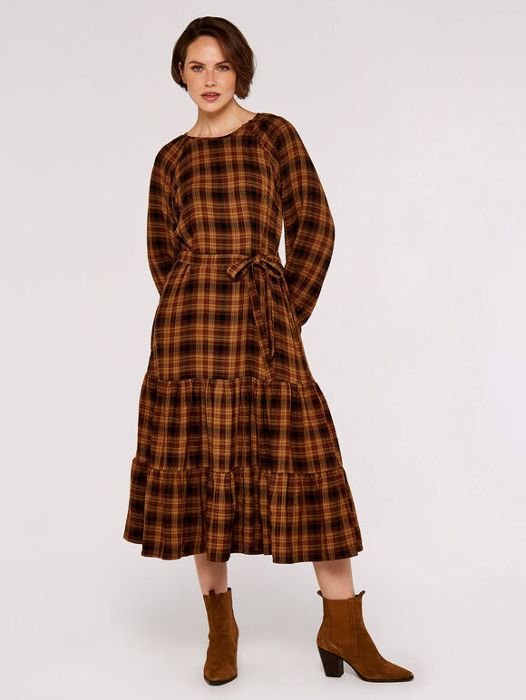 Textured Check Midi Dress, Mustard, large
