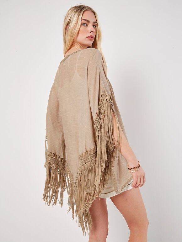 Slub Shimmer Fringe Cover-Up Cardigan, Stone, large