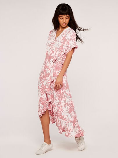 Leaf Ruffle Wrap Midi Dress