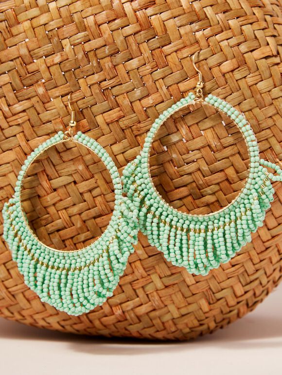 Beaded hoop earrings, Green, large