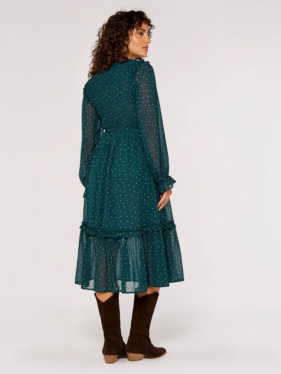 Polka Dot Smocked Midi Dress, Green, large