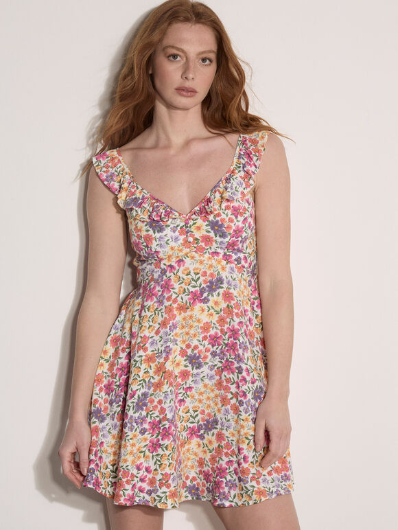 Vintage Floral Ruffle Mini Dress
, Cream, large