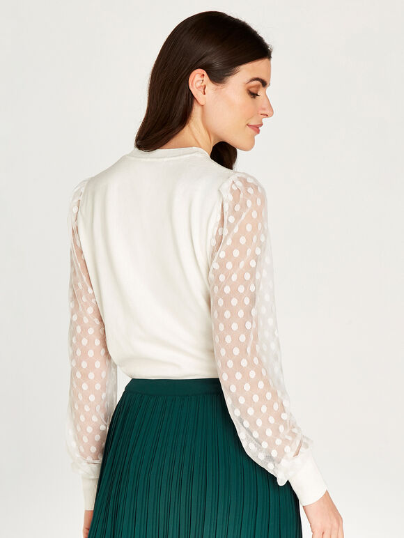 Polka Dot Mesh Sleeve Knit Jumper, Cream, large