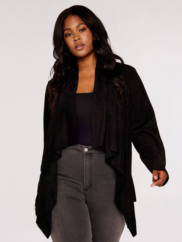 Curve Waterfall Suedette Shrug, Black, large