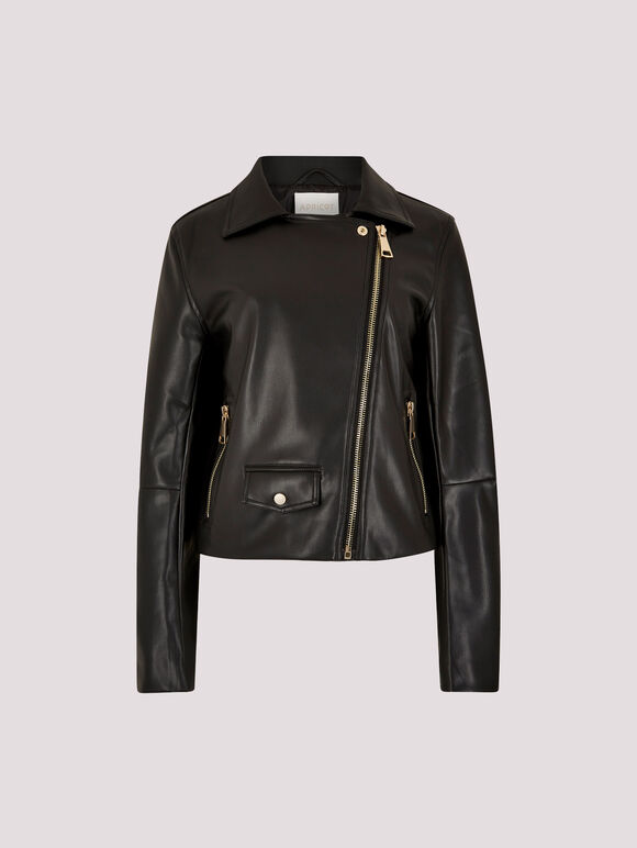 Faux Leather Biker Jacket, Black, large