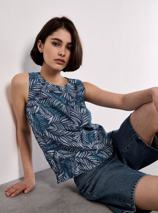 Batik Leaf Print Vest Top, Blue, large