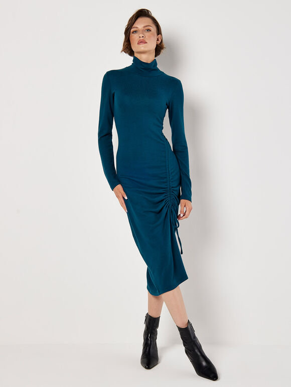 Ruched Knit Midi Dress, Teal, large