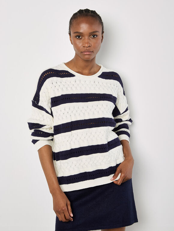 Cable Stripe Pointelle Jumper, White, large
