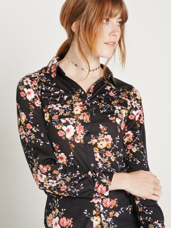 Oriental Blossom Lace Trim Shirt, Black, large