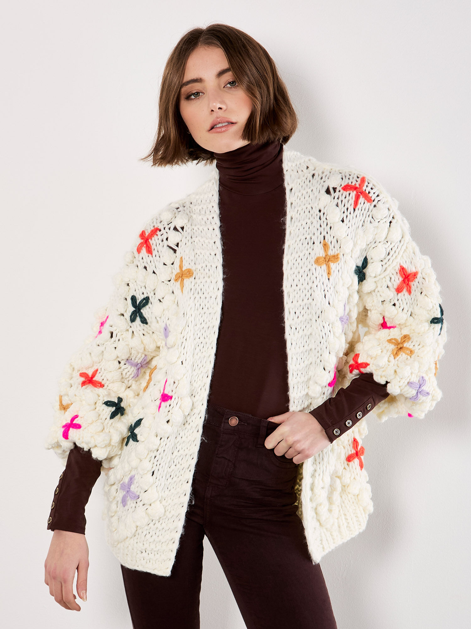 Chunky Knit 3D Flower Cardigan | Apricot Clothing