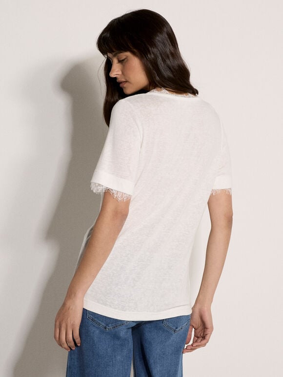 Slub Jersey Eyelash Lace T-Shirt, Cream, large