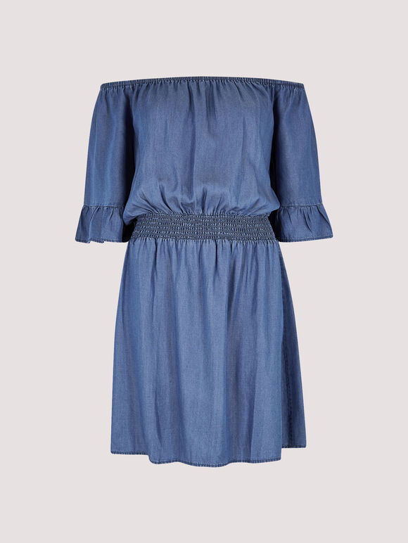 Chambray Bardot Dress, Blue, large