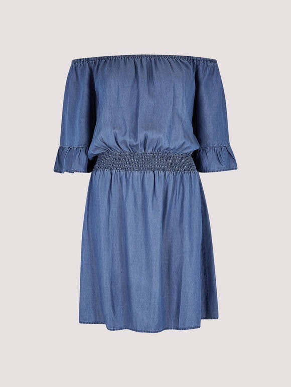 Chambray-Bardot-Kleid, Blau, groß