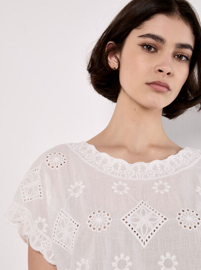 Embroidered Mesh And Lace Cotton Top