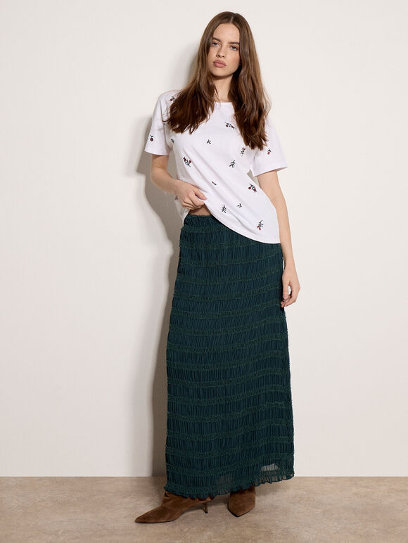 Floral Embroidered Cotton T-Shirt, White, large
