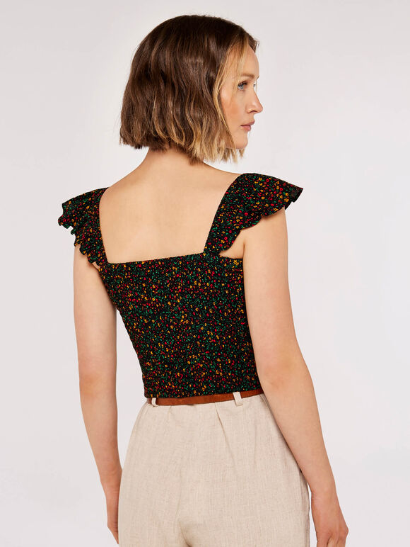 Ditsy Shirred Crop Top, Black, large