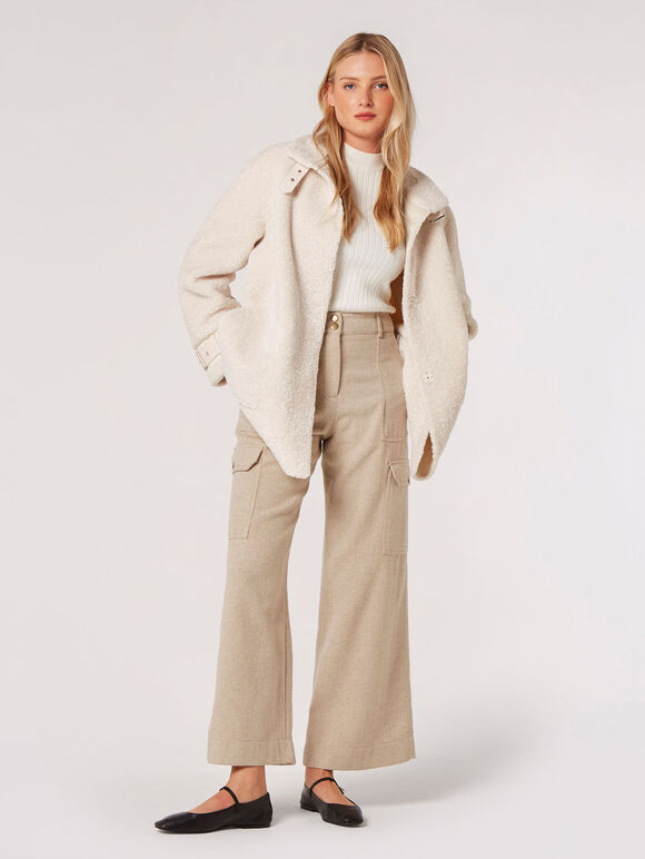 Tight Knit Borg Oversized Coat, Cream, large