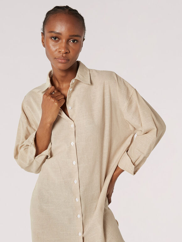 Lightweight Oversized Shirt Mini Dress, Stone, large