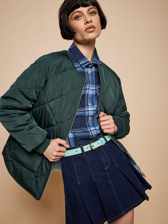 Thin Leather Gold Buckle Belt, Blue, large