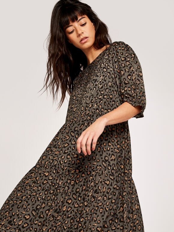 Animal Print Smock Dress, Khaki, large