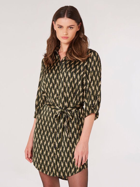 Geometric Wave Shirt Mini Dress, Khaki, large