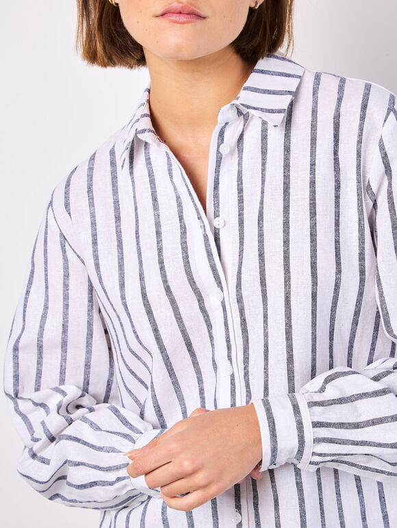 Striped Linen Shirt, Navy, large
