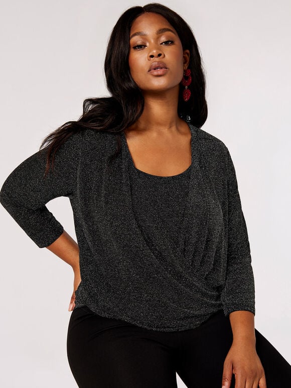 Curve Sparkle Wrap Top, Black, large